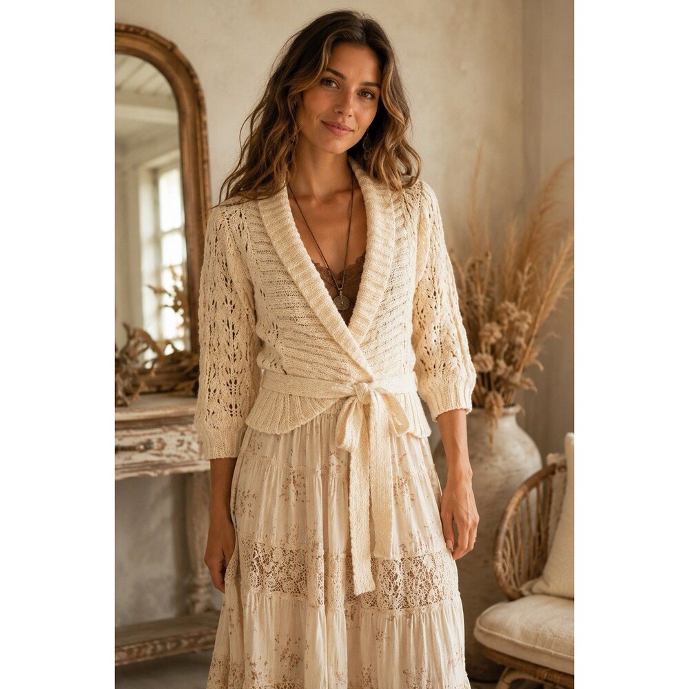 Free People Ivory Chunky Knit Cardigan Shrug Waist Tie Size Small Boho Indie